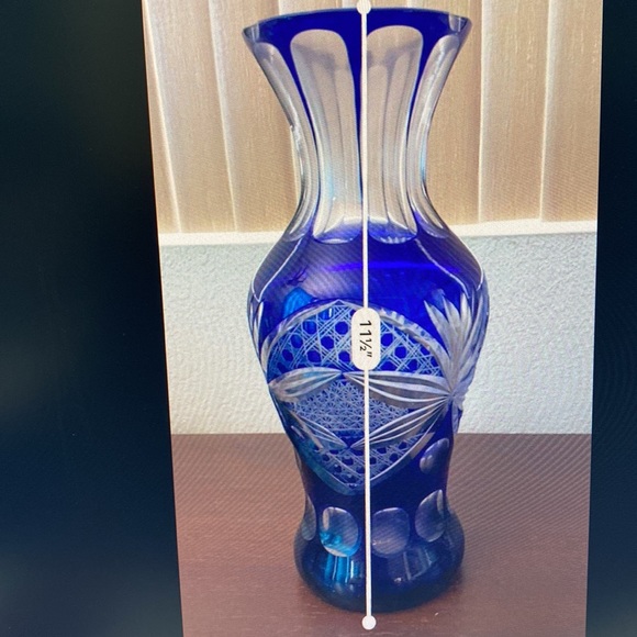 Bohemian Cobalt Blue Cut to Clear Vase, 11 1/2” high. Mother’s Day, Crystal - Picture 10 of 10